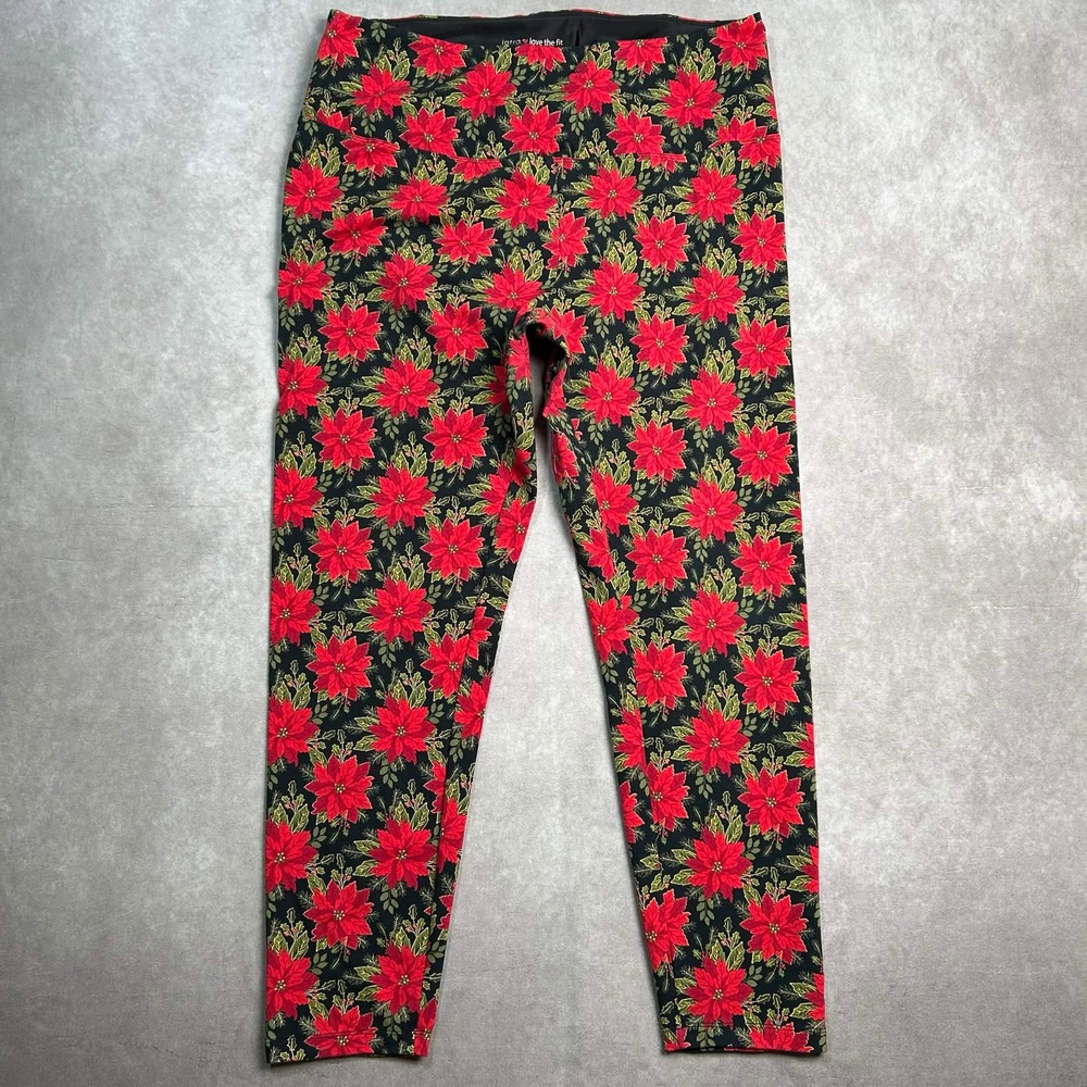 Intro Love The Fit Poinsettia Christmas Legging Tummy Control Woman 2X Black Red